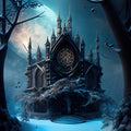 Generative AI: gothic landscape in blue tones with lonely castle