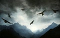 Gothic landscape of mountain range with hawks in backlight