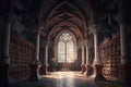 Gothic library with large steel beams and many books, Generative AI