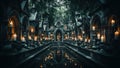 A gothic looking courtyard with candles lit up at night. Generative AI image.