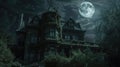 Gothic Mansion under a Full Moon Night. Resplendent.