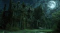 Gothic Mansion under a Full Moon Night. Resplendent.