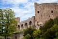 Gothic medieval castle Velhartice in sunny day, tower and stone arch bridge, fortress masonry wall, old stronghold, Velhartice, Royalty Free Stock Photo