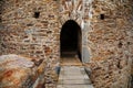 Gothic medieval castle Velhartice in sunny day, tower and stone arch bridge, fortress masonry wall, old stronghold, Velhartice, Royalty Free Stock Photo