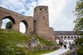 Gothic medieval castle Velhartice in sunny day, tower and stone arch bridge, fortress masonry wall, old stronghold, Velhartice, Royalty Free Stock Photo