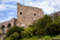 Gothic medieval castle Velhartice in sunny day, tower and stone arch bridge, fortress masonry wall, old stronghold, Velhartice, Royalty Free Stock Photo