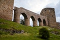 Gothic medieval castle Velhartice in sunny day, tower and stone arch bridge, fortress masonry wall, old stronghold, Velhartice, Royalty Free Stock Photo