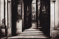 Gothic medieval door to temple with patterned columns and stairs.