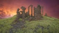 Gothic medieval ruins on a hill with sunset sky behind. 3D rendering