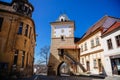 Gothic Priest`s Gate or Knezska brana, medieval fortification system, Medieval street, renaissance and baroque historical Royalty Free Stock Photo