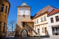 Gothic Priest`s Gate or Knezska brana, medieval fortification system, Medieval street, renaissance and baroque historical