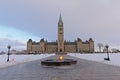 Gothic revival government building with peace tower and centennial flame in front on Pariament hill