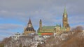 Gothic revival government buildings on Pariament hill, partly under reconstruction. Ottawa