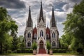 a gothic revival house with tall, dramatic spires