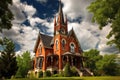 a gothic revival house with tall, dramatic spires