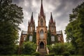 a gothic revival house with tall, dramatic spires