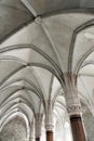 Gothic ribbed vault and octogonal pillars in the Knights` Hall of Corvin Castle. Architectural design. Royalty Free Stock Photo