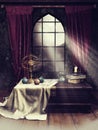 Gothic room with books and magic items