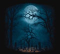 Gothic scene at cemetery on a moonlit Halloween night