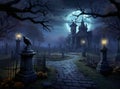 Gothic scene at cemetery on a moonlit Halloween night