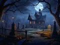 Gothic scene at cemetery on a moonlit Halloween night