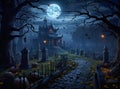 Gothic scene at cemetery on a moonlit Halloween night