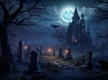 Gothic scene at cemetery on a moonlit Halloween night