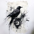 A gothic scene of a crow on a clock, set against a white backdrop with ink splashes. Suitable for album art, merchandise