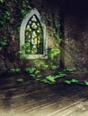 Old ornamented window with green ivy