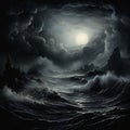 Gothic Seascape: Dark Stormy Night Sky With Castle And Waves