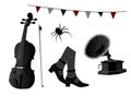 Gothic set in the style of Wednesday. Gothic black arch, cello, poison, spider web, briefcase, spider, thunderbolt, hand