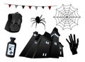 Gothic set in the style of Wednesday. Gothic black arch, cello, poison, spider web, briefcase, spider, thunderbolt, hand