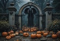 Dark Elegance A Gothic Inspired Halloween Display with Pumpkins Royalty Free Stock Photo