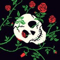 Gothic skull or cranium and rose on dark background. Floral black illustration with red climbing curly flower and thorn.