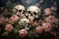 Gothic Skull roses paint nature. Generate Ai