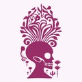 Gothic skull vector illustration in viva magenta. Tattoo style block print of vintage skeleton.