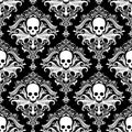 Gothic Skulls damask style black and white seamless pattern