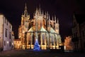 Gothic St. Vitus' Cathedral on Prague Castle in the Night with Christmas Tree, Czech Republic