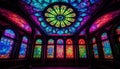 Gothic stained glass illuminates majestic cathedral, showcasing ancient spirituality generated by AI