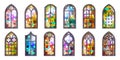 Gothic stained glass windows. Church medieval arches. Catholic cathedral mosaic frames. Old architecture design. Vector