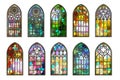 Gothic stained glass windows. Church medieval arches. Catholic cathedral mosaic frames. Old architecture design. Vector