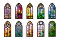 Gothic stained glass windows. Church medieval arches. Catholic cathedral mosaic frames. Old architecture design. Vector