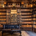 Gothic Steampunk Library: A gothic-inspired library with vintage leather-bound books, brass accents, and cogwheel decorations3,