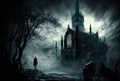 A gothic style background with large mystery castle. Created with Generative AI Royalty Free Stock Photo