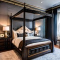 19 A Gothic-style bedroom with a mix of dark and textured finishes, a classic four-poster bed, and a mix of antique and modern d