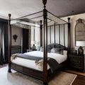 19 A Gothic-style bedroom with a mix of dark and textured finishes, a classic four-poster bed, and a mix of antique and modern d