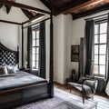 19 A Gothic-style bedroom with a mix of dark and textured finishes, a classic four-poster bed, and a mix of antique and modern d