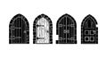 Gothic style medieval wooden doors with stone arch frames vector set for historic architecture design Royalty Free Stock Photo