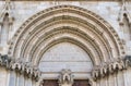 Gothic style portico detail on the main facade of the Cathedral of Santa Maria and San Julian in Cuenca, Castilla la Mancha