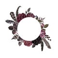 Gothic style round floral frame with red and burgundy roses, foliage and feathers. Watercolor vintage flowers illustration Royalty Free Stock Photo